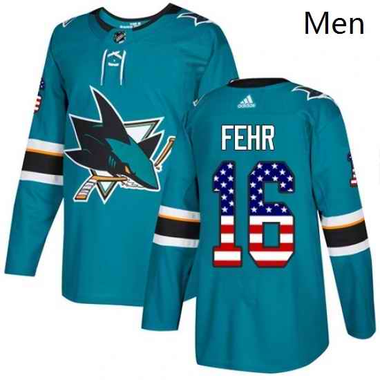 Mens Adidas San Jose Sharks 16 Eric Fehr Authentic Teal Green USA Flag Fashion NHL Jersey